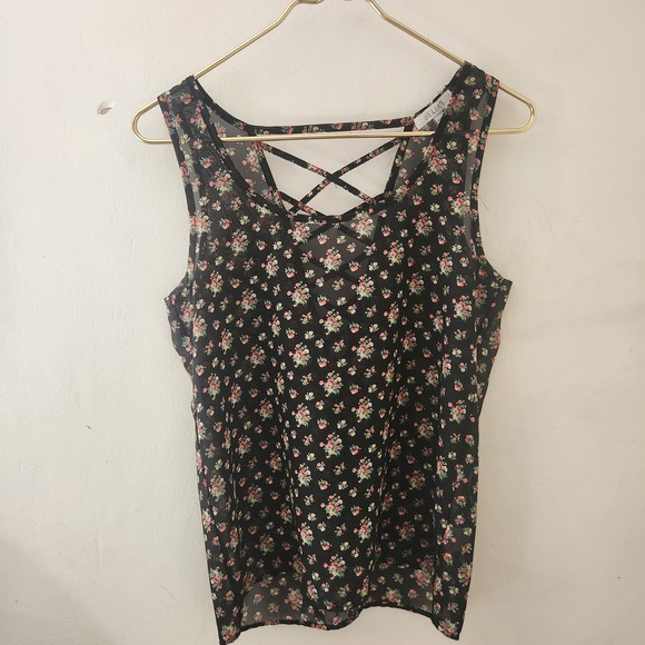 dELiA*s Tops - Delias Floral Sheer Chiffon Tank Top Strappy Criss Cross Neck Black XS